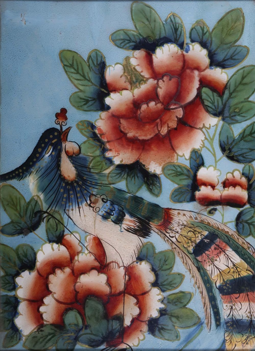 „Der Phönix (feng) spielt mit der Päonie (mudan)“ (feng xi mudan) war ein beliebtes Malereimotiv und  Textilmuster. Der Phönix als König der Vögel in Verbindung mit der Päonie, der Königin unter den Blumen,  stand für hohen Rang, Glück und Reichtum. Sammlung Mei-Lin